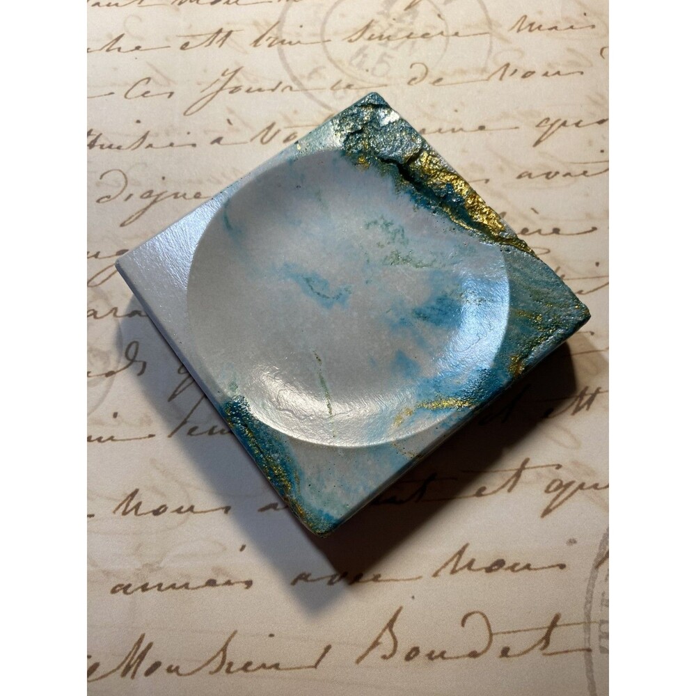 Handmade Soap Dish Cement Soap Holder Square Bathroom Kitchen Teal With Gold